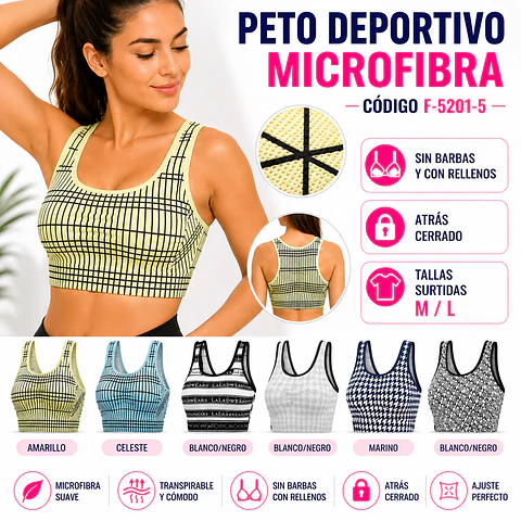 Peto deportivo microfibra copa A/B y tallas surtidas M/L y diseños surtidos la docena 
