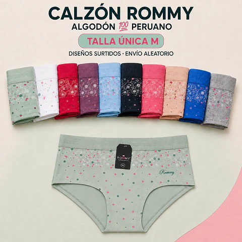 Calzón ROMMY algodón💯 peruano talla ÚNICA M y colores surtidas la docena 