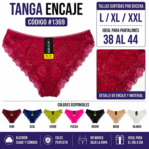 Tanga con encajes tallas y colores surtidas la docena 