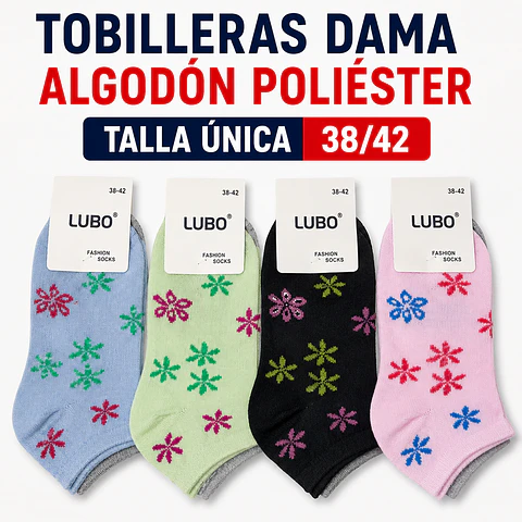 Tobilleras dama algodón poliéster OFERTA talla única y colores surtidas la docena 