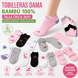 Tobilleras dama bambú% talla única y colores surtidas la docena . DISEÑOS SURTIDOS, SE ENVÍAN AL AZAR