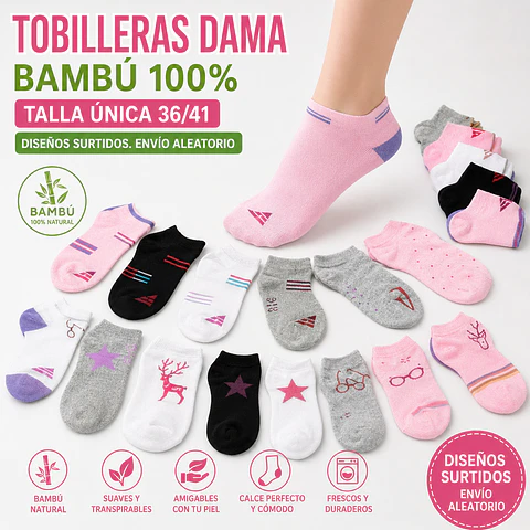Tobilleras dama bambú% talla única y colores surtidas la docena . DISEÑOS SURTIDOS, SE ENVÍAN AL AZAR