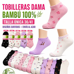 Tobilleras dama bambú% talla única y colores surtidas la docena . DISEÑOS SURTIDOS, SE ENVÍAN AL AZAR