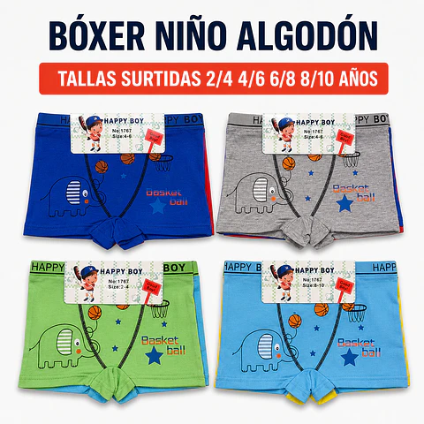Boxer niño algodón tallas y colores surtidas la docena 