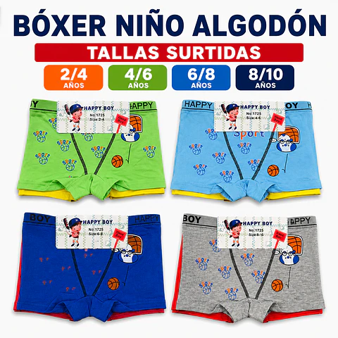 Boxer niño algodón tallas y colores surtidas la docena 