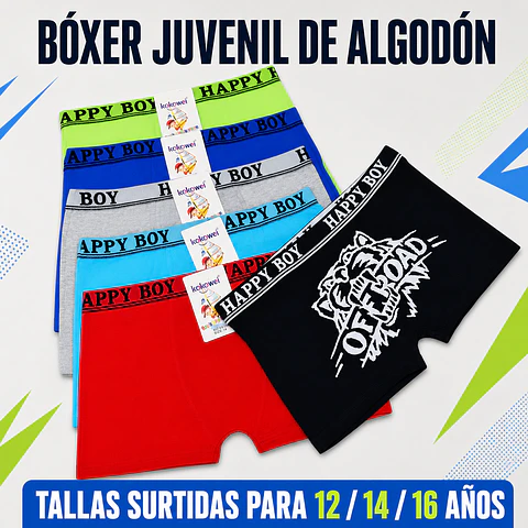 Bóxer juvenil algodón tallas y colores surtidas la docena 
