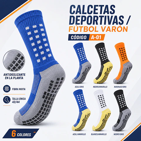 Calcetas deportivas/futbol varón con antideslizantes #A-01 talla única y colores surtidas la docena 