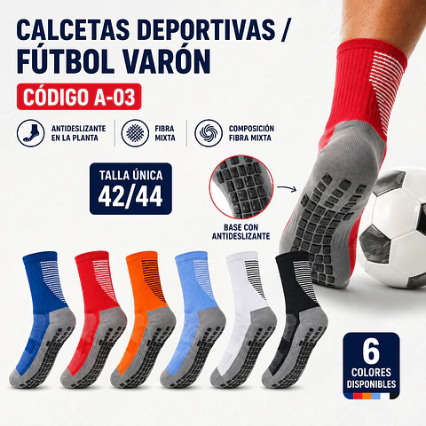 Calcetas deportivas/futbol varón con antideslizantes #A-03 talla única y colores surtidas la docena 