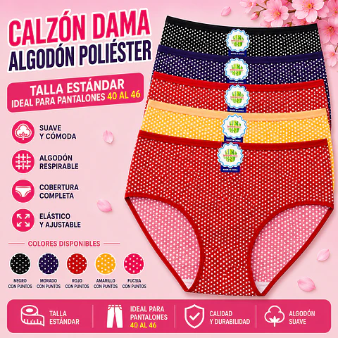 Calzón señora  algodón poliéster tallas estándar y colores surtidas la docena 