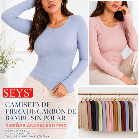 CAMISETA SEYS DAMA BAMBÚ SIN POLAR 3602 DISEÑOS ACANALADO FINO TALLAS Y COLORES SURTIDAS LA DOCENA