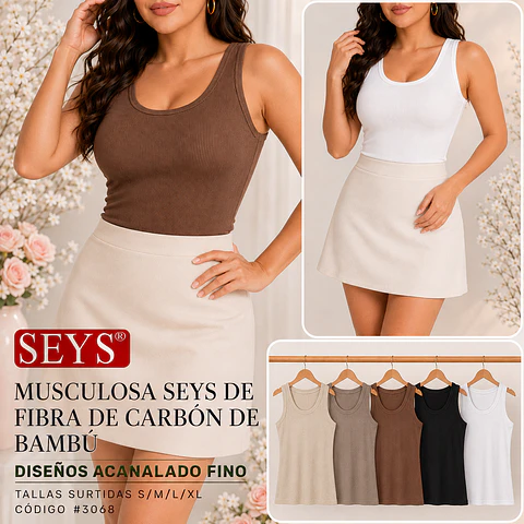 MUSCULOSA SEYS DAMA BAMBÚ 3068 DISEÑOS ACANALADO FINO TALLAS SURTIDAS S/M/L/XL COLORES SURTIDOS POR DOCENA