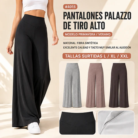 Pantalónes palazzo Tiro alto modelo verano y primavera #4015 colores y tallas surtidas por docena 