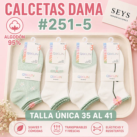 Calcetas dama Algodón #251-5 talla única y colores surtidas la docena 