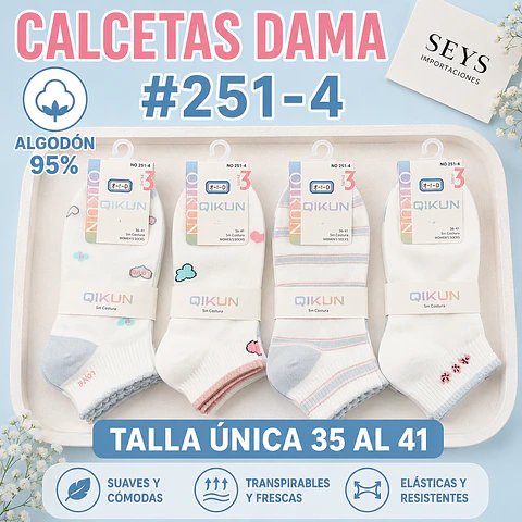 Calcetas dama Algodón #251-4 talla única y colores surtidas la docena 