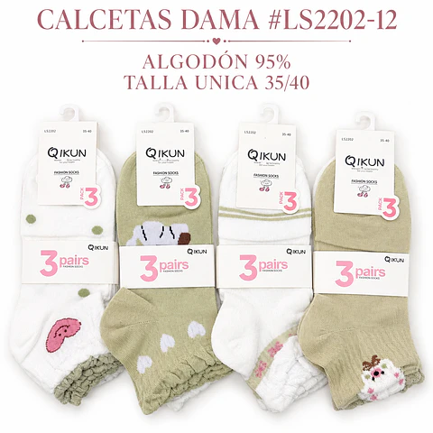 Calcetas dama Algodón #LS2202-12 talla única y colores surtidas la docena 