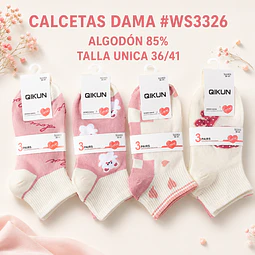 Calcetas dama Algodón #WS 3326 talla única y colores surtidas la docena 