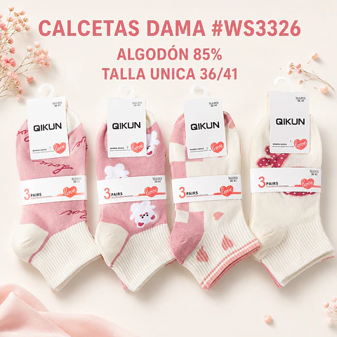Calcetas dama Algodón #WS 3326 talla única y colores surtidas la docena 