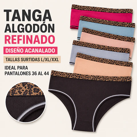 Tanga algodón refinado diseños acanalado elastica ancha tallas y colores surtidas la docena 