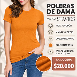 Poleras dama algodón mangas cortas color Naranja y tallas surtidas la docena 