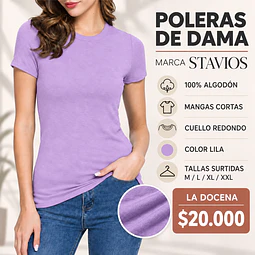 Poleras dama algodón mangas cortas color Lila y tallas surtidas la docena 