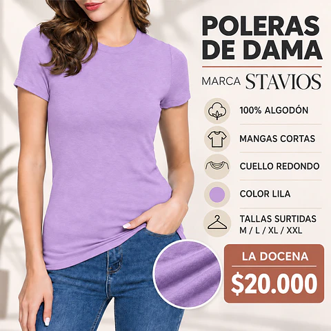 Poleras dama algodón mangas cortas color Lila y tallas surtidas la docena 