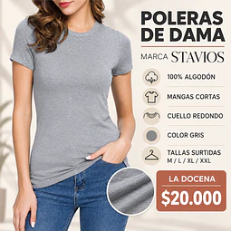 Poleras dama algodón mangas cortas color Gris y tallas surtidas la docena 