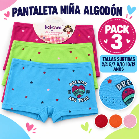Pantaleta niña algodón tallas y colores surtidas por docena 