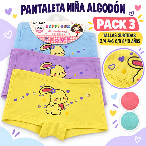 Pantaleta niña algodón tallas y colores surtidas por docena 