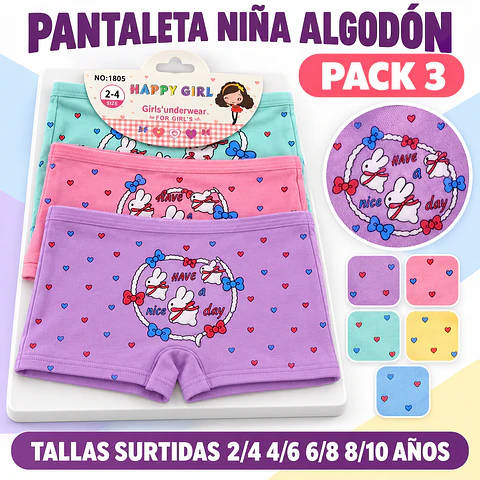 Pantaleta niña algodón tallas y colores surtidas por docena 
