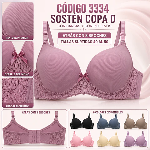 Sostén copa D tallas y colores surtidas la docena 