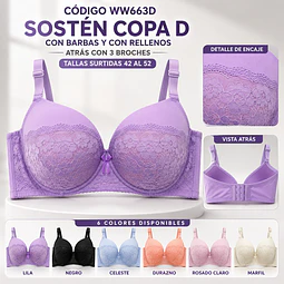 Sostén copa D tallas y colores surtidas la docena 
