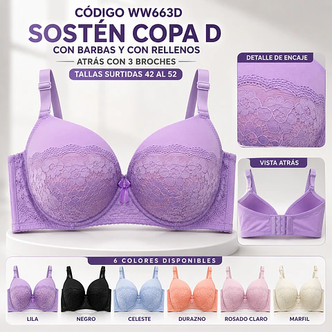 Sostén copa D tallas y colores surtidas la docena 