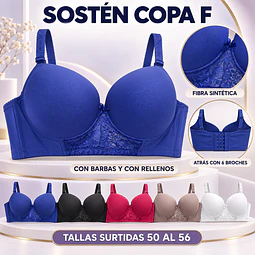 Sostén copa F con 6 broches en la espalda tallas y colores surtidas la docena 