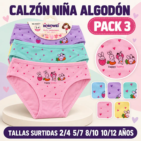 Calzón niña algodón tallas y colores surtidas la docena 