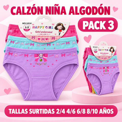Calzón niña algodón tallas y colores surtidas la docena 