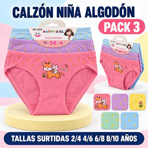 Calzón niña algodón tallas y colores surtidas la docena 