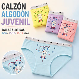 Calzón juvenil algodón tallas y colores surtidas la docena 