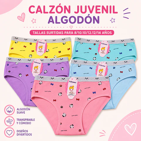 Calzón juvenil algodón tallas y colores surtidas la docena 