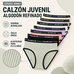Calzón juvenil algodón refinado talla única para 8 a 12 años y colores surtidas la docena 