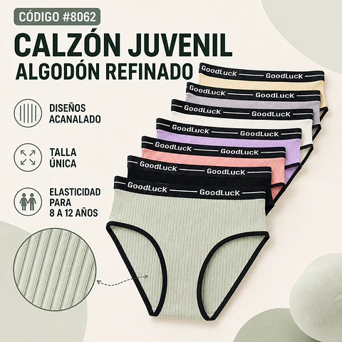 Calzón juvenil algodón refinado talla única para 8 a 12 años y colores surtidas la docena 