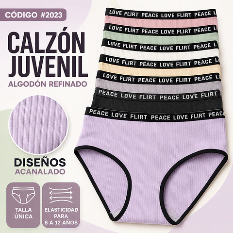 Calzón juvenil algodón refinado talla única para 8 a 12 años y colores surtidas la docena 
