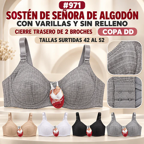 Sostén algodón copa DD con barbas y sin rellenos tallas y colores surtidas la docena 