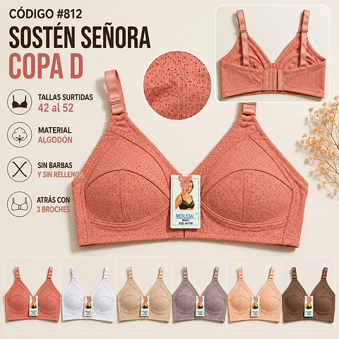 Sostén algodón copa D sin barbas y sin rellenos tallas y colores surtidas la docena 