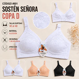Sostén algodón copa D sin barbas y sin rellenos tallas y colores surtidas la docena 