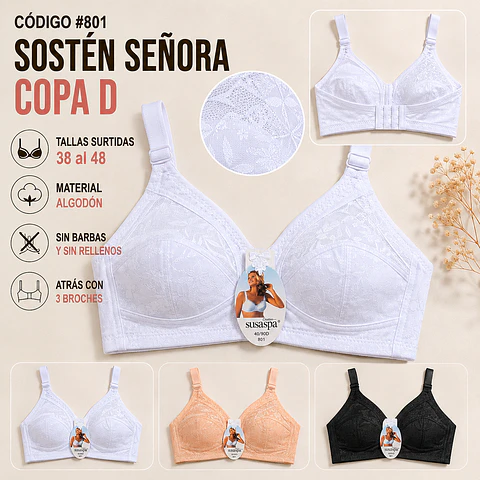 Sostén algodón copa D sin barbas y sin rellenos tallas y colores surtidas la docena 