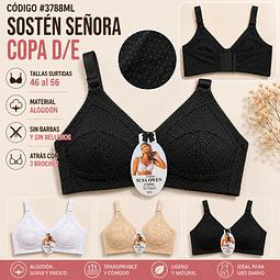 Sostén algodón copa D/E sin barbas y sin rellenos tallas y colores surtidas la docena 
