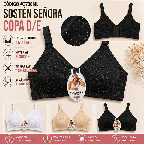 Sostén algodón copa D/E sin barbas y sin rellenos tallas y colores surtidas la docena 