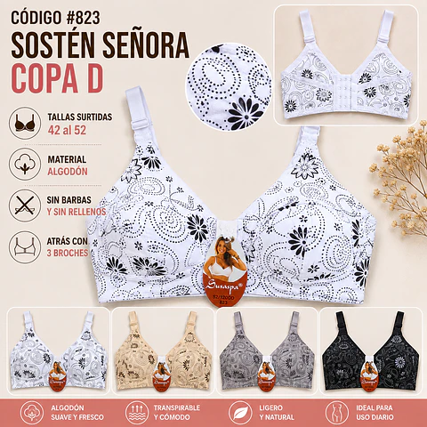 Sostén algodón copa D sin barbas y sin rellenos tallas y colores surtidas la docena 