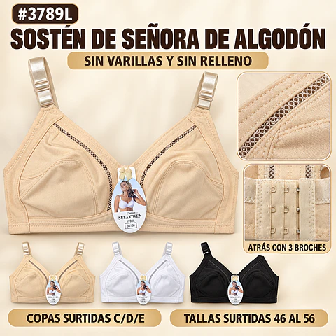 Sostén algodón copa D/E sin barbas y sin rellenos tallas y colores surtidas la docena 