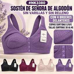 Sostén algodón copa C/D/E con broches adelante sin barbas y sin rellenos tallas y colores surtidas la docena 